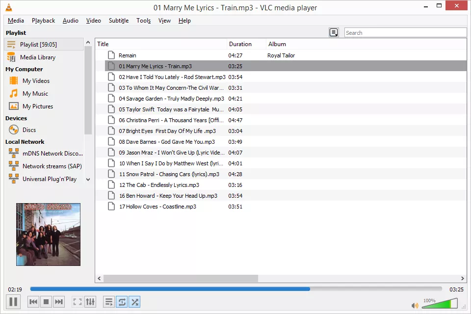 Capture d'écran de VLC utilisant un fichier de liste de lecture M3U8